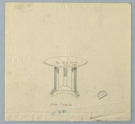 Dibujo, Diseño para una pequeña mesa redonda de roble con patas acanaladas cuadradas